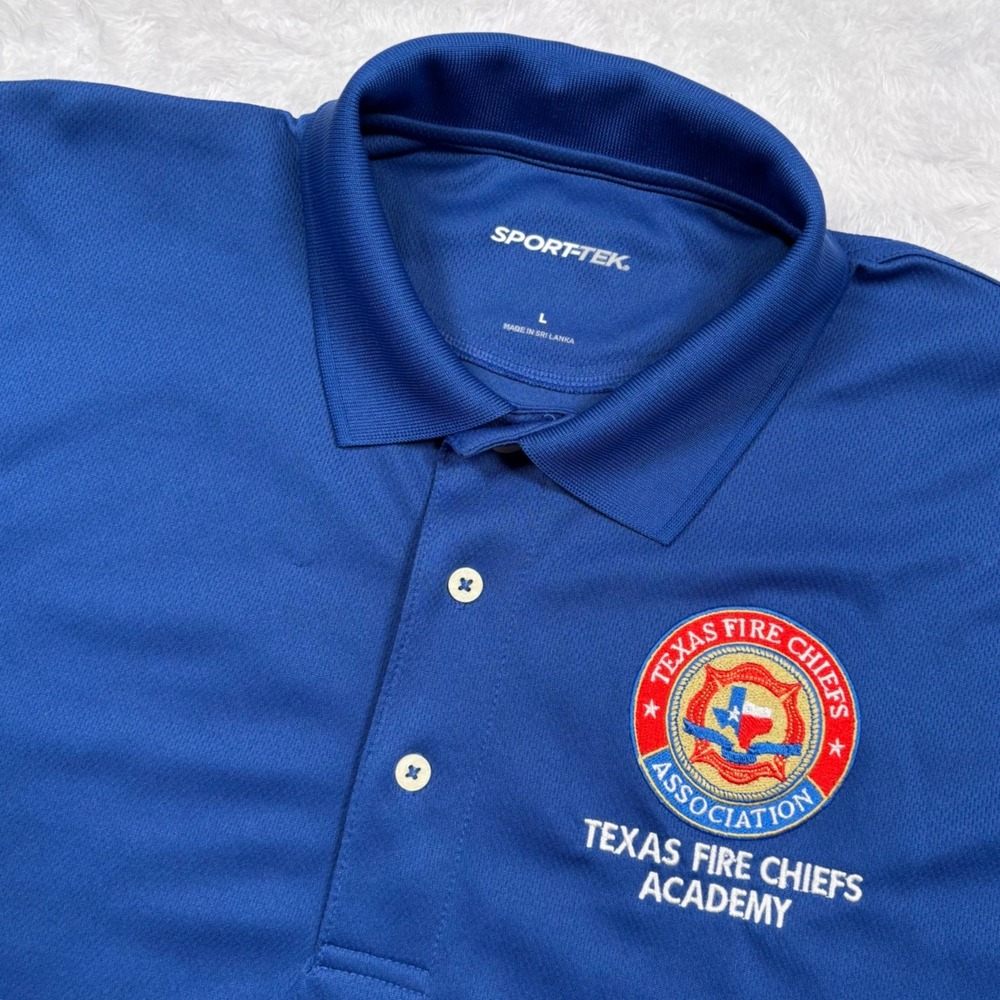 Texas Fire Chiefs Academy Polo Shirt Men L Royal‎ Blue Embroidered Short Sleeve